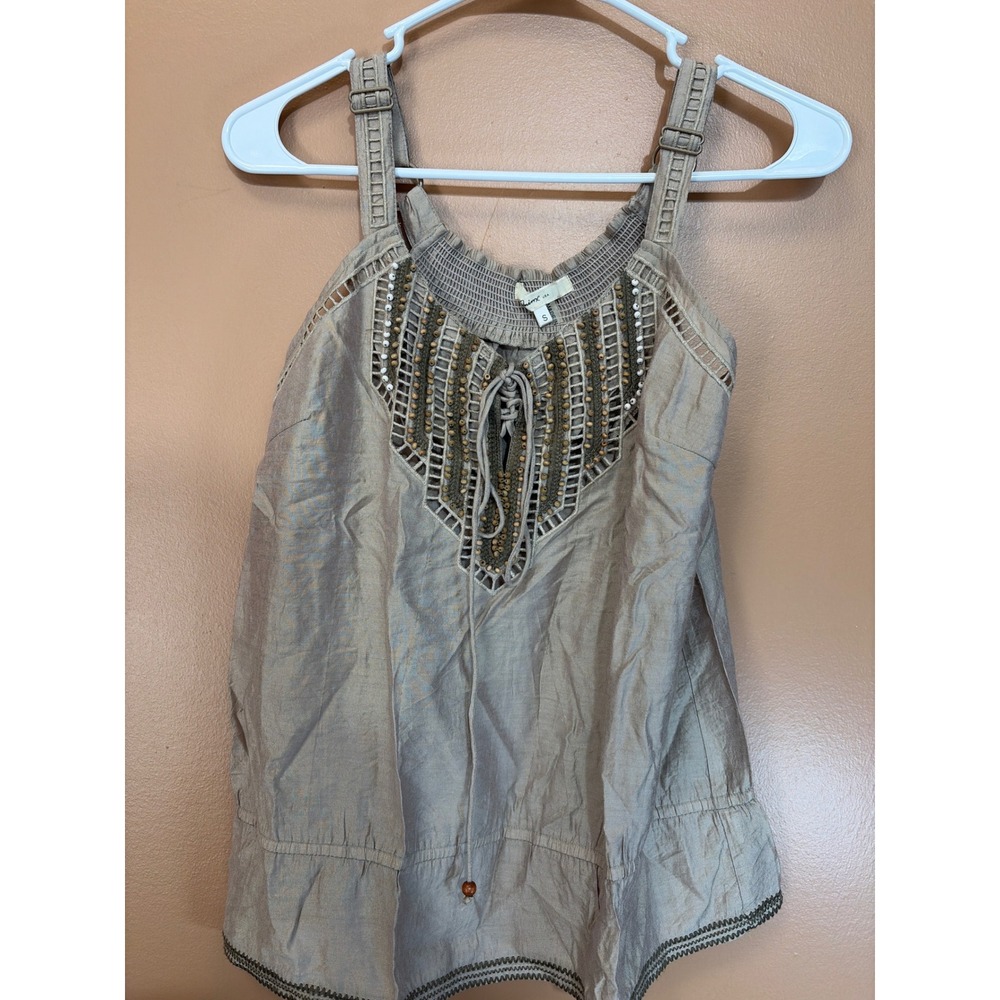 Mimx USA Boho Beaded Lace Up Tank Top Taupe Champagne Sleeveless Smocked Small